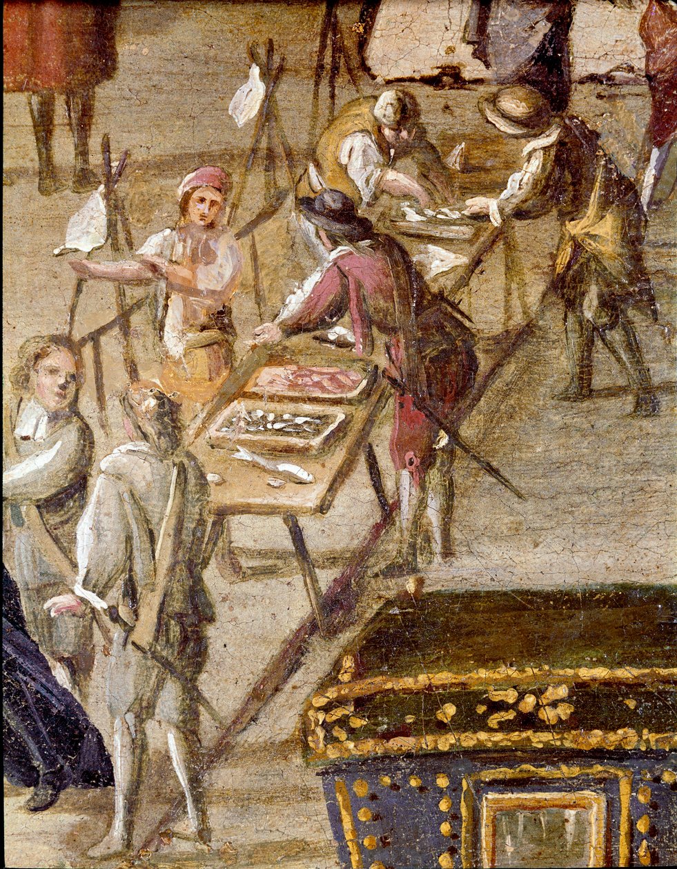 Lugar do tribunal do Vicariato em Nápoles na época da revolução dos criminosos Masaniello são juízes antes da entrada - Detalhe representando vendedores de peixe - Pintura de Ascanio Luciani (ca. 1621-1706) Nápoles, Museo Nazionale di San Martino de Ascanio Luciani