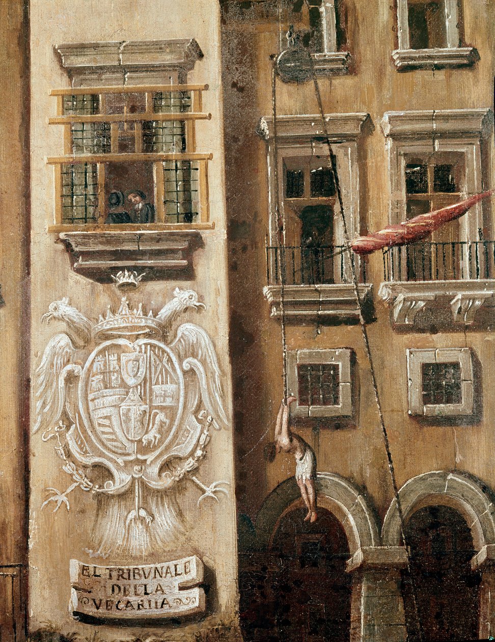Lugar da corte do Vicariato em Nápoles na época da revolução de Masaniello - Detalhe representando um homem pendurado em frente à entrada do palácio - Pintura de Ascanio Luciani (ca. 1621-1706) Nápoles, Museo Nazionale di San Martino de Ascanio Luciani