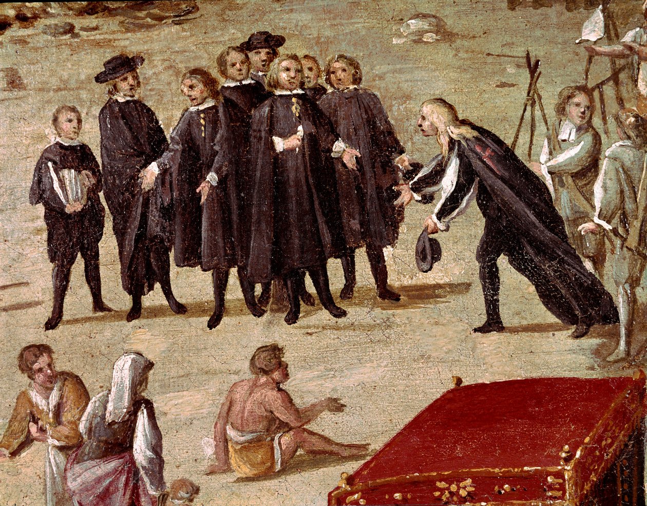 Lugar do tribunal da Vicária em Nápoles na época da revolução de Masaniello Criminosos são juízes antes da entrada - Detalhe representando um advogado apresentando uma petição a um magistrado - Pintura de Ascanio Luciani (ca. 1621-1706) Nápoles, Musa de Ascanio Luciani
