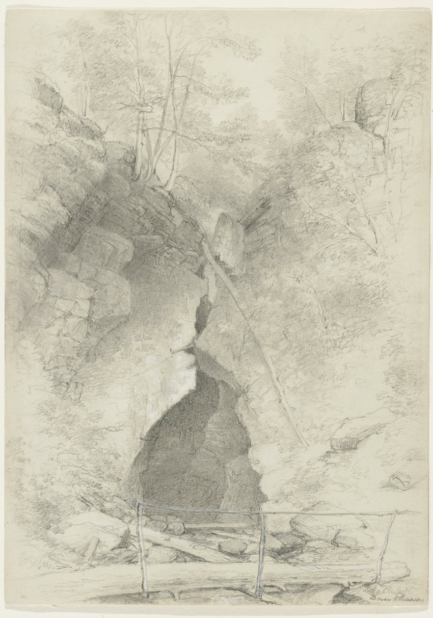 Igreja de pedra de Dover, planícies de Dover, New York, 1847 (grafite e guache branco no papel cinzento, montado no cartão) de Asher Brown Durand