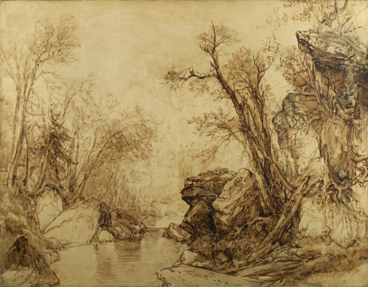 Paisagem em sépia: Árvores com Brook, 1854 (óleo sépia sobre tela) de Asher Brown Durand