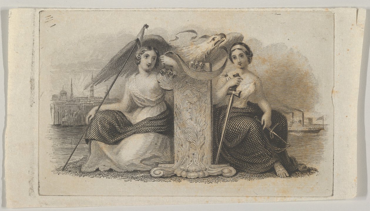 Vinheta de notas com figuras femininas representando a Liberdade e a Justiça, ca. 1824-37. de Asher Brown Durand.