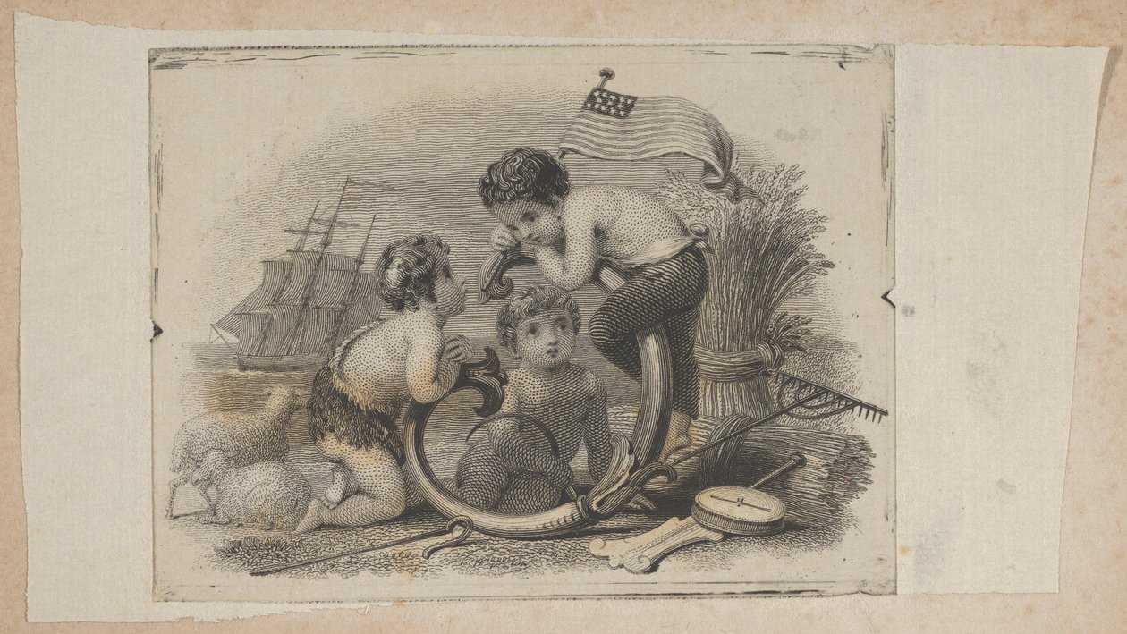 Vinheta de notas com três putti como pastor, agricultor e marinheiro, ca. 1824-37. de Asher Brown Durand.