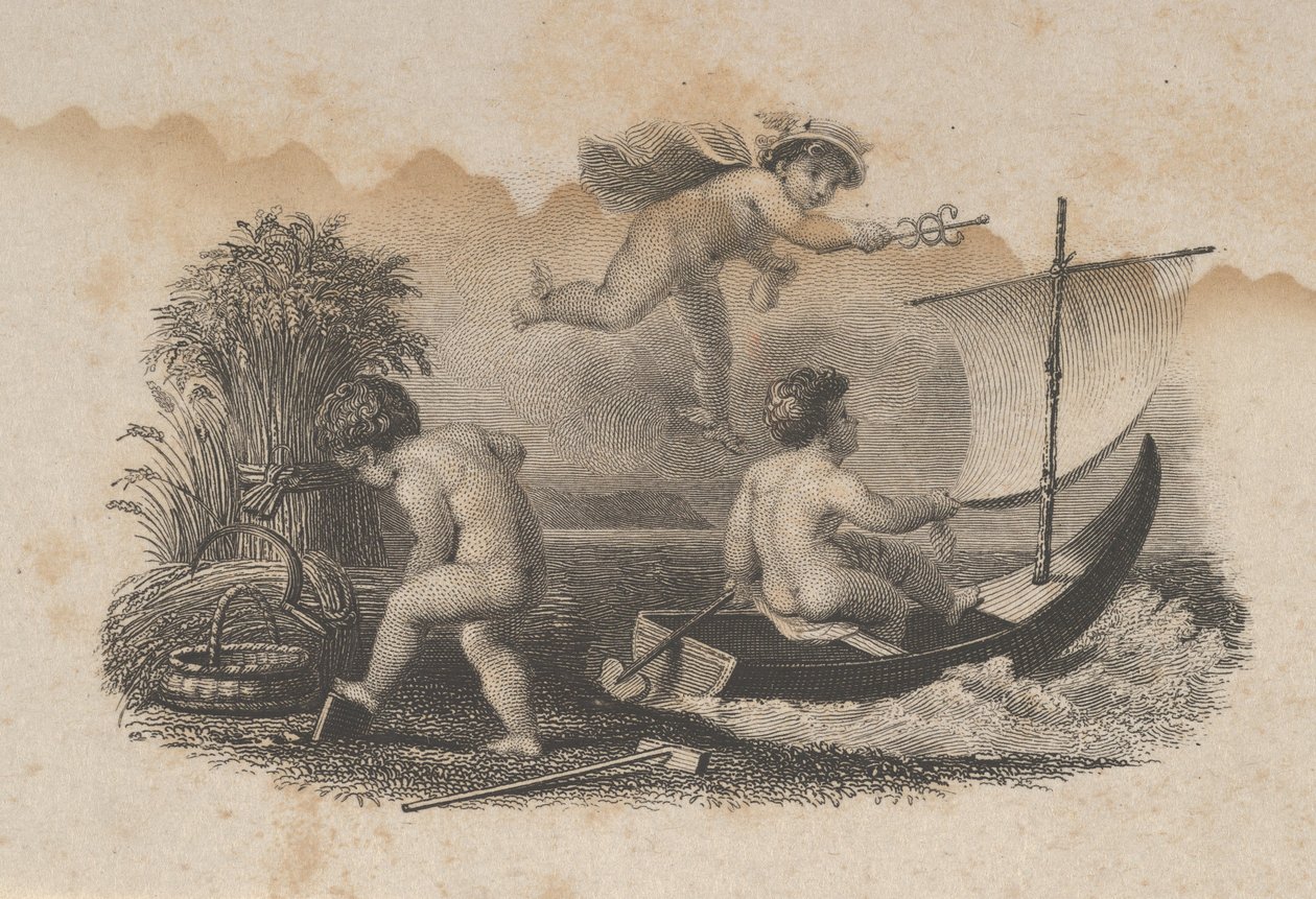 Vinheta de notas com três putti simbolizando comércio e agricultura, ca. 1824-37. de Asher Brown Durand.