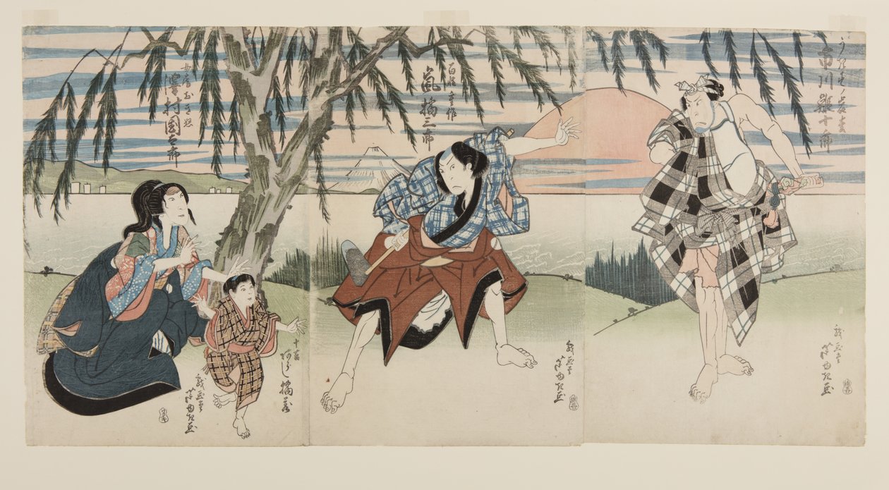 Atores Ichikawa Ebij?r? Eu como Ukisu no Iwamatsu (R), Arashi Kitsusabur? II como o Agricultor (Hyakush?) J?saku (C), Arashi Kitsuz? como J?kichi, e Sawamura Kunitar? II como a Mulher de J?saku (Ny?b?) Okinu (L) (impressão em bloco de madeira colorida) de Ashiyuki Gigado