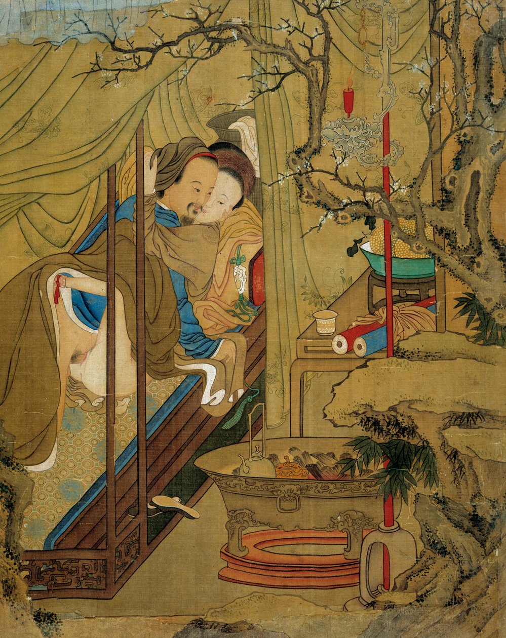 Arte asiática: cena erótica. Um casal durante o ato de amor em uma cama. Pintura em seda do século XVIII. Coleção Particular de Asian School