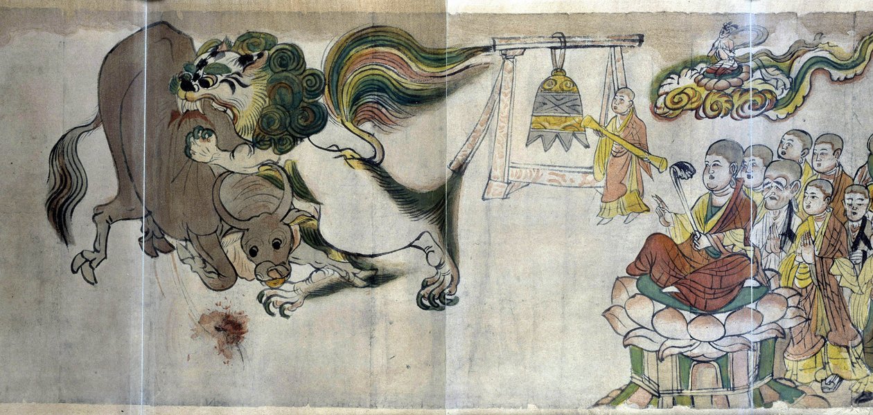 O triunfo de Sariputra sobre os hereges. O sábio Sariputra prova a superioridade do budismo ao mostrar um leão através de um prodígio: o fulvo devora um touro que um mago herege trouxe à luz. de Asian School