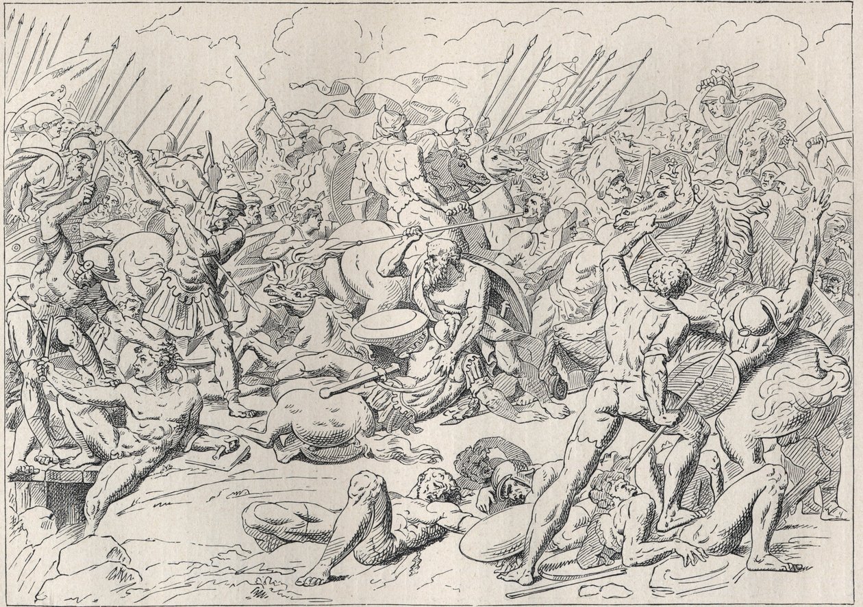 Guerra do Peloponeso: A Batalha de Potidee (La battaglia di Potidea) onde o filósofo grego Sócrates salvou a sua vida em Alcibiade. (Engraving d