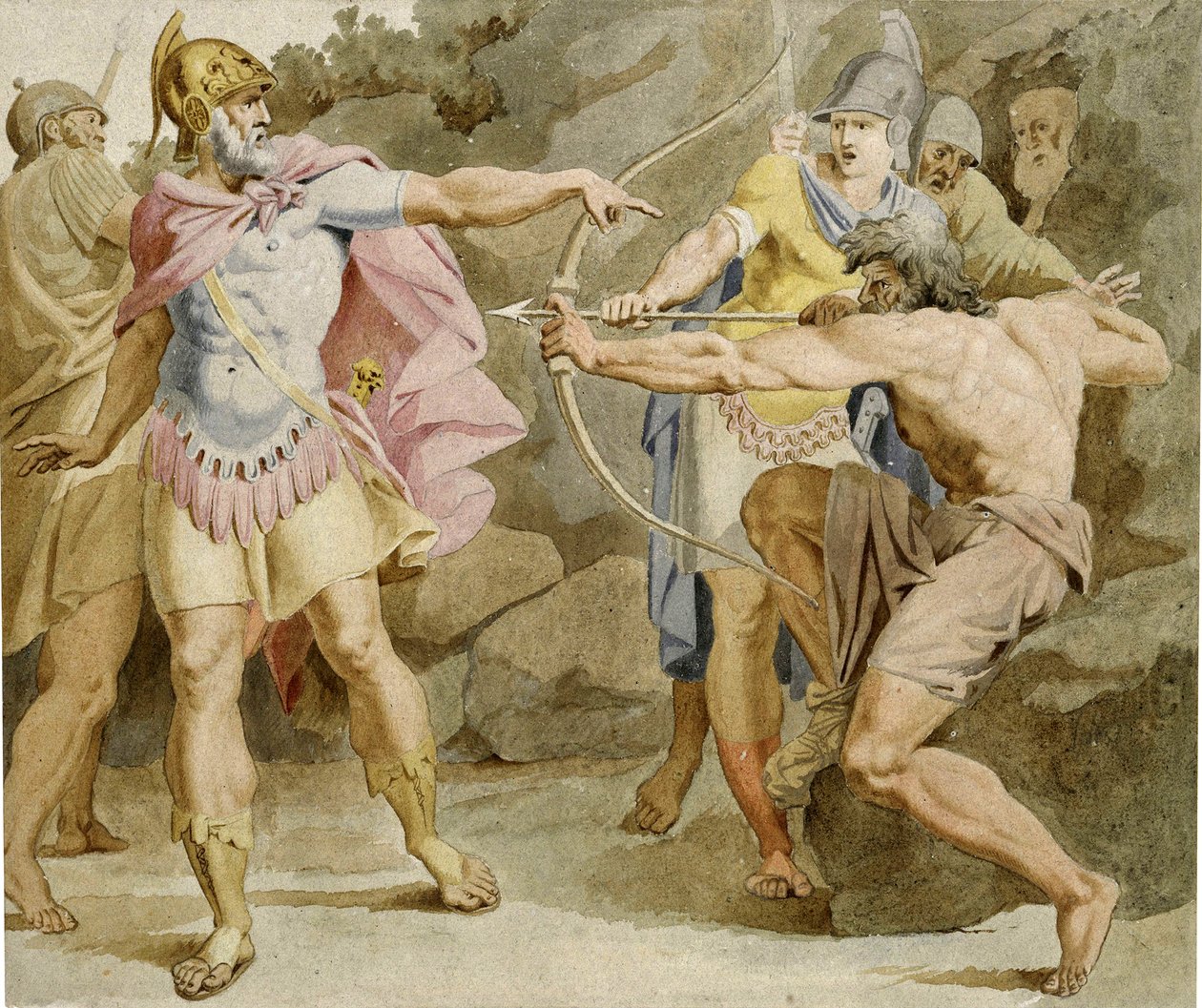 Filoctetes visa Ulisses com o arco de Hércules - Trabalho de Asmus Jacob Carstens (1754-1798), Tinta e aguarela sobre papel (49,5x58,5 cm) de Asmus Jacob Carstens