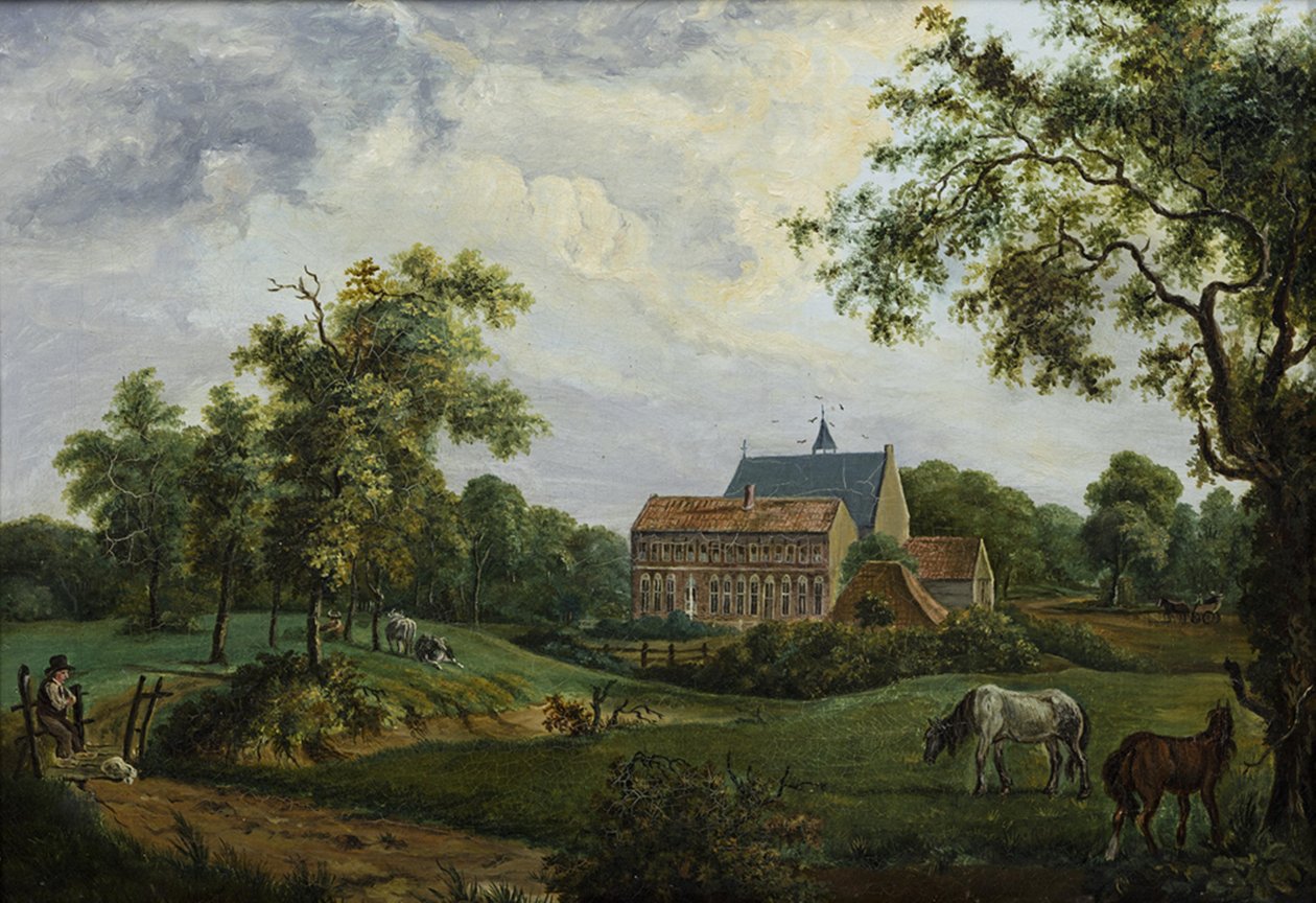 Convento Ter Apel com o andar superior original no Noordvleugel, um ano antes da demolição em 1834 de Assuerus Quaestius