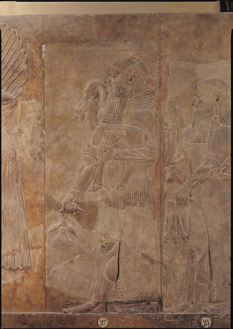 Relevo representando Sargão II (721-705 aC) ou um padre carregando uma gazela do sacrifício, do Palácio de Sargão II em Khorsabad, Iraque de Assyrian