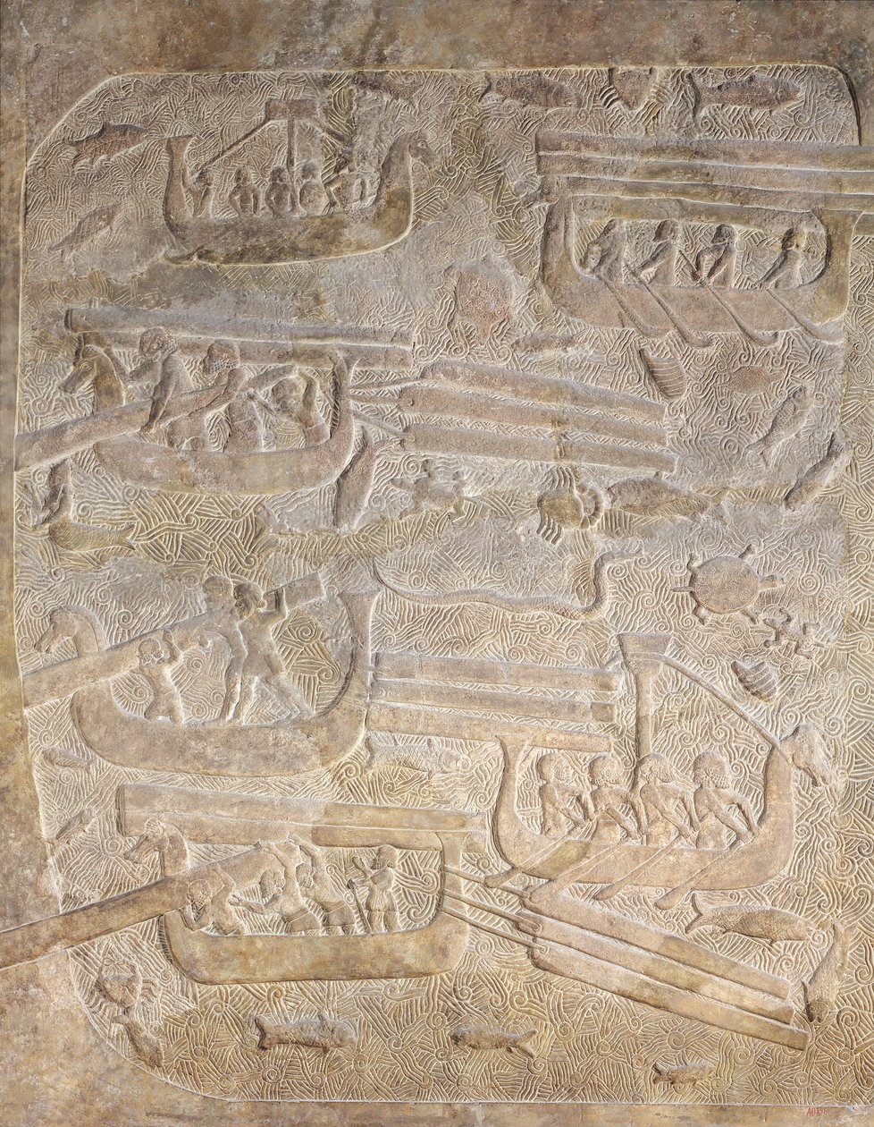 Relevo, descrevendo, a, descarregando, de, madeira, após, transporte, por, mar, de, a, palácio, de, Sargão, ii, Khorsabad, iraque de Assyrian