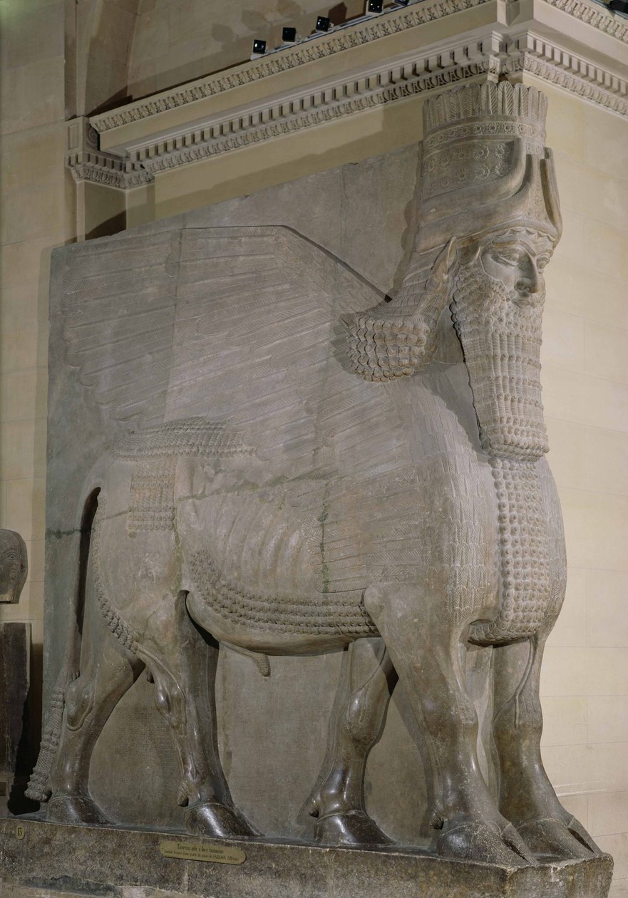 Touro voado da fachada do palácio do rei Sargão II em Khorsabad, Iraque (gipsita) de Assyrian