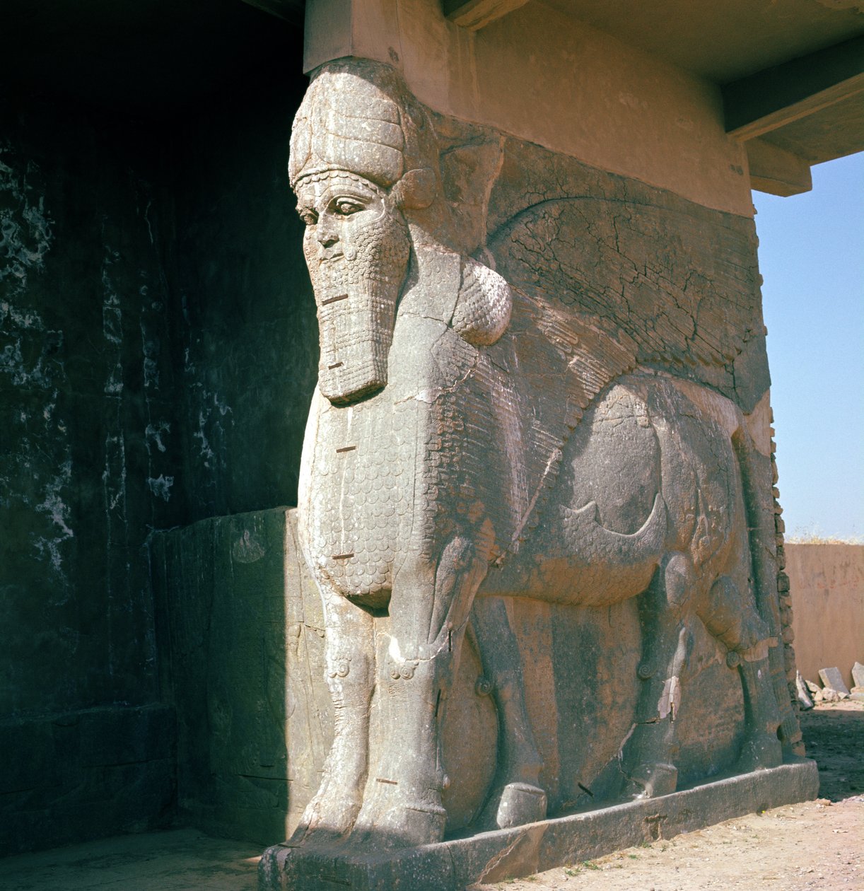 Touro de cabeça humana alado, Período Neo-Assírio, reinado de Assurnasirpal II (alabastro) de Assyrian