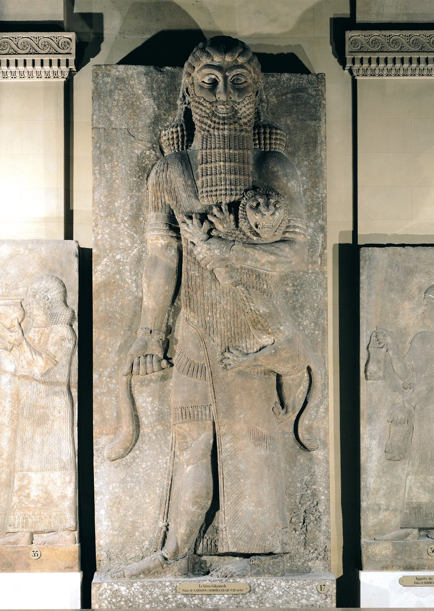 O herói Gilgamesh segurando um leão que ele capturou, relevo de pedra do Palácio de Sargão II em Khorsabad (Iraque), c.725 aC (gesso) de Assyrian School