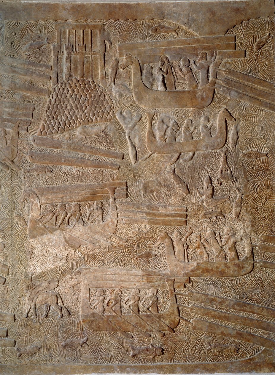 Art Mesopotâmia (Assíria): pátio do palácio do rei da Assíria Sargão II (721 - 705 a.C.) transporte de madeira de cedro do Líbano. Paris, Musee Du Louvre de Assyrian
