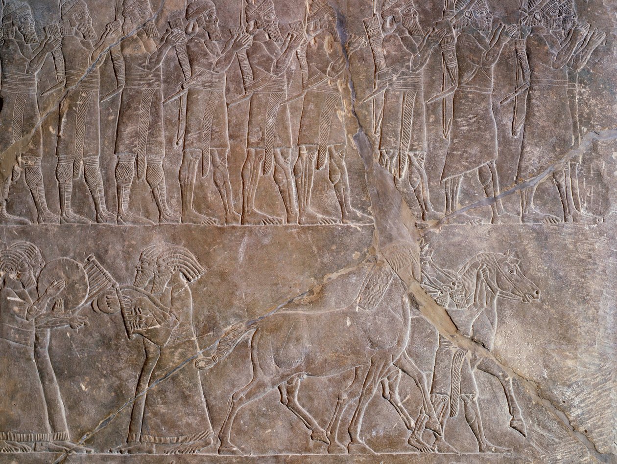 Antiquite oriental: detalhe de um baixo-relevo em calcário: os músicos da armadura de Assurbanipal ou Ashurbanipal, rei da Assíria (Mesopotâmia) (669 AC-627 AC). 640 A.C. De Nínive. Paris, Museu do Louvre de Assyrian