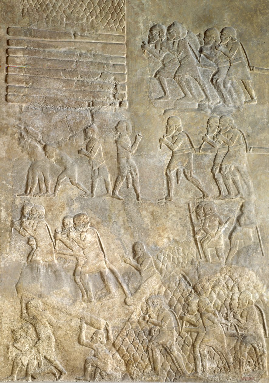 Relevo retratando porteiros trazendo madeira para a costa para transporte marítimo. do Palácio de Sargão II, Khorsabad, Iraque de Assyrian