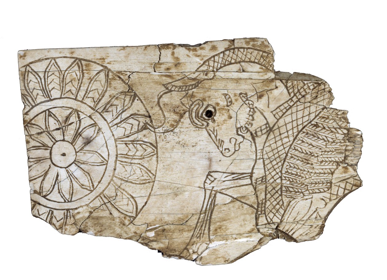 Fragmento de placa representando um touro alado de Nimrud, Iraque, século VIII aC de Assyrian School
