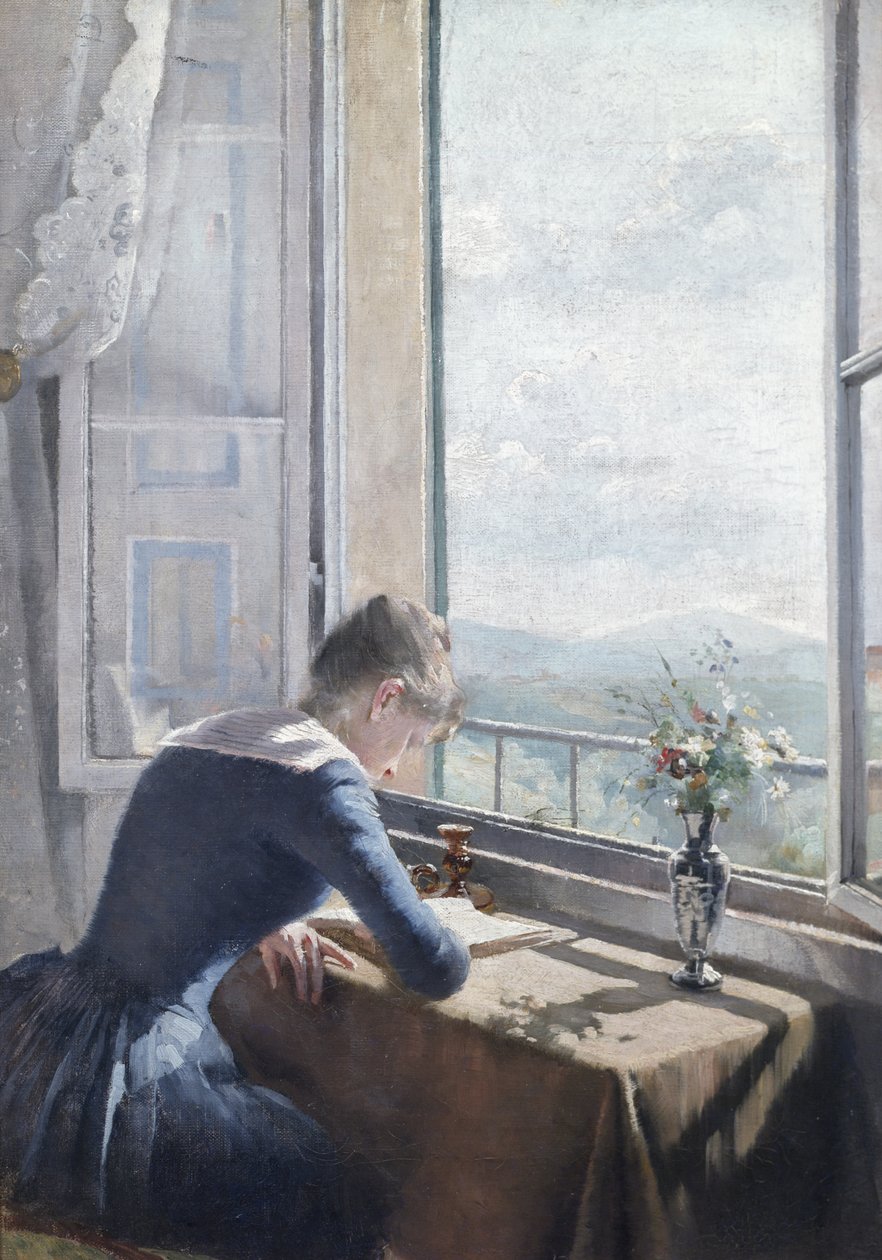 Mulher lendo por uma janela aberta de Asta Nørregaard
