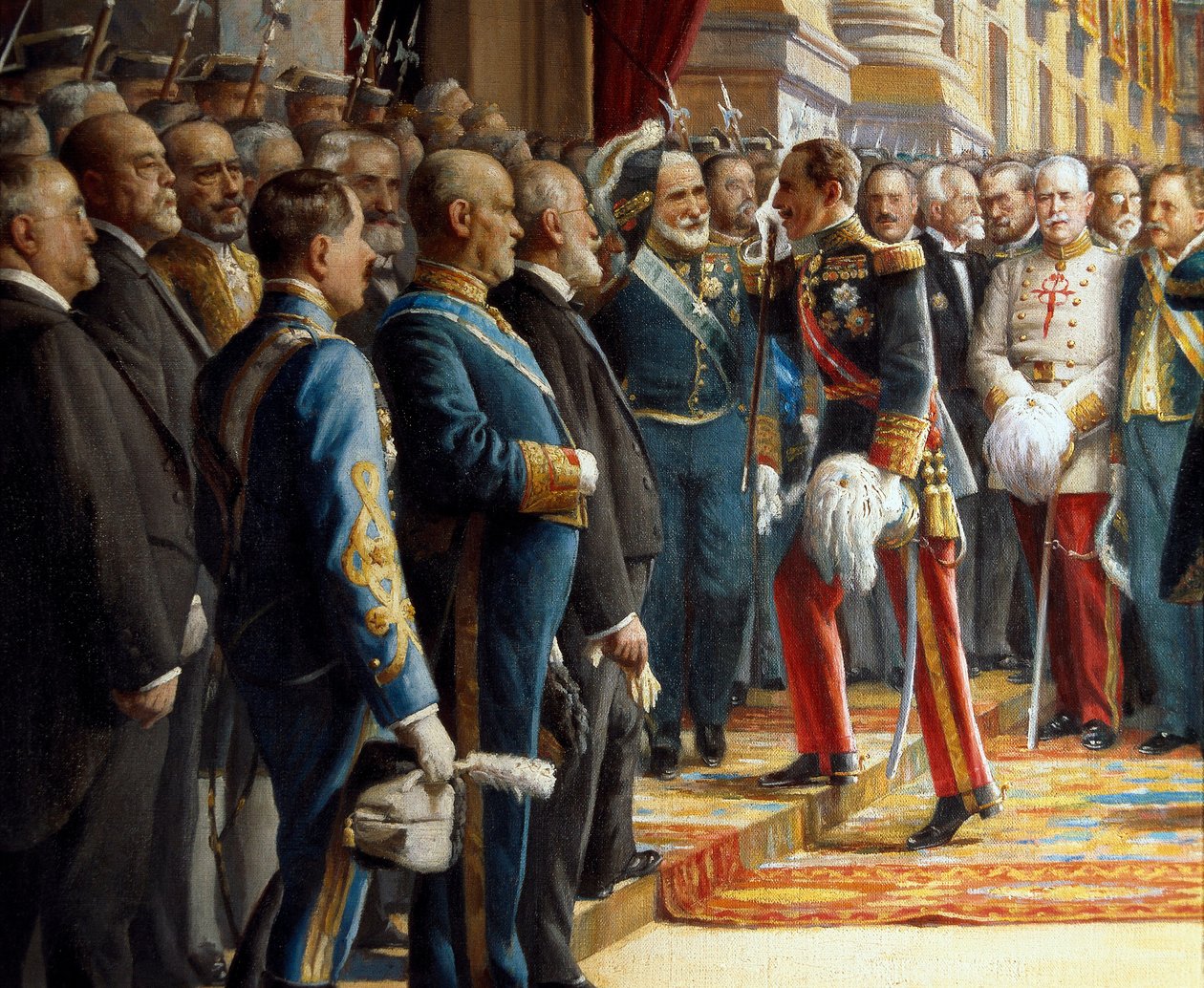 A abertura das Cortes no Senado, pormenoriza Alfonso XIII de Espanha (1886-1941) saúda Antonio Maura y Montaner (1853-1925) ao entrar no Senado, 24 de Junho de 1920 de Asterio Mañanós Martínez