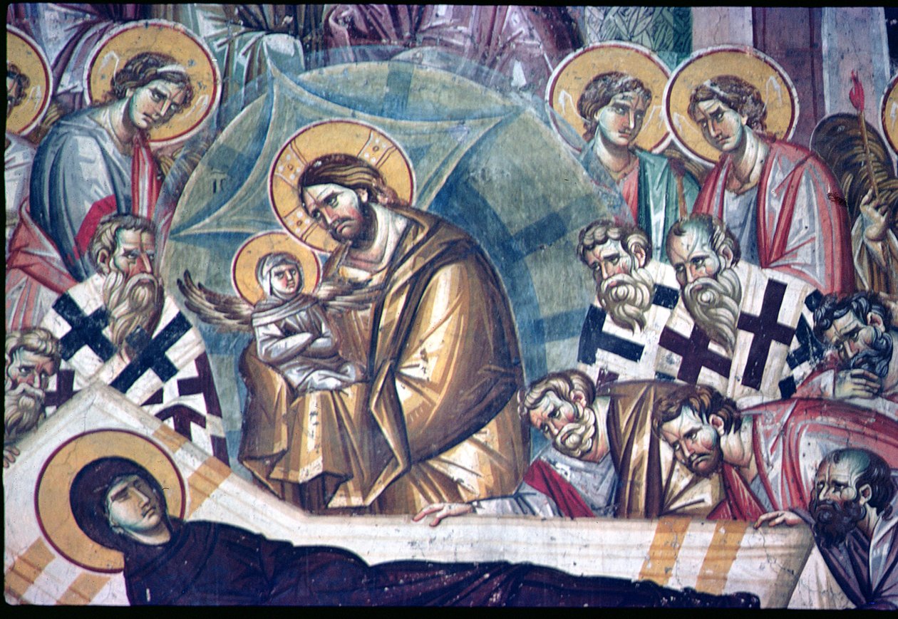 Detalhe da Dormição do Afresco Virgem, ver 134450 e 231617 de Astrapas and Eutychios