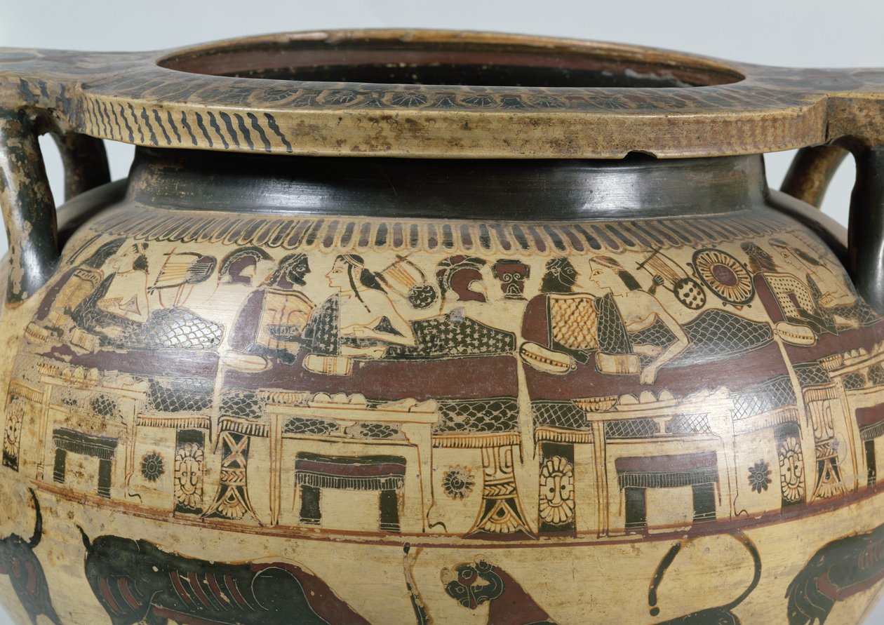 Detalhe de um krater coríntia com uma cena de banquete, c.590-575 aC (cerâmica) de Athana Painter