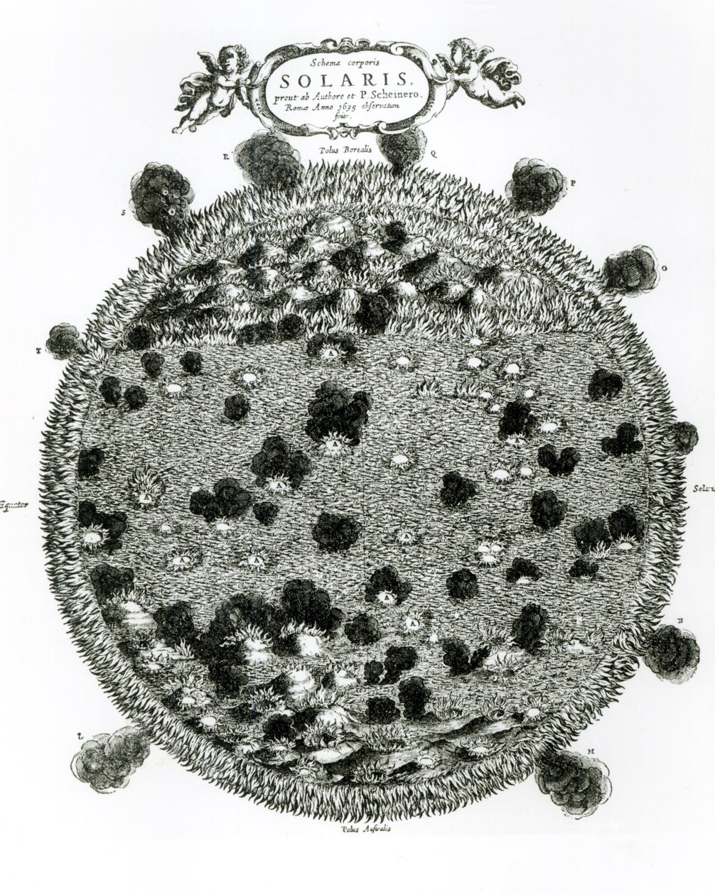 Superfície do Sol mostrando as manchas solares, ilustração de &39;Mundus Subterraneus&39; publicada em Amsterdã 1664-5 de Athanasius Kircher