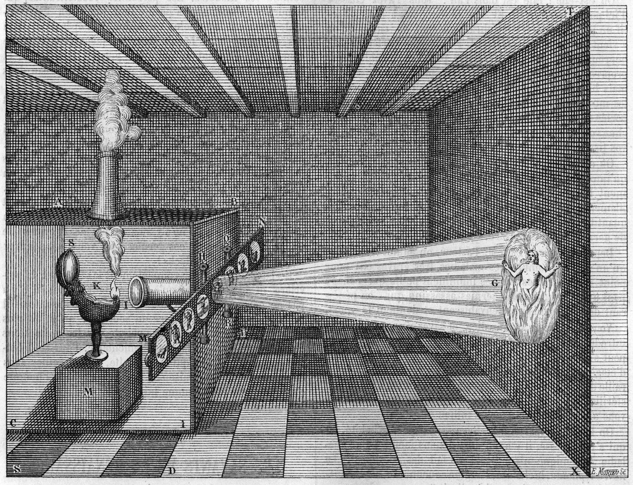 Uma câmera obscura (Lanterna Mágica) projeta a imagem de um homem queimando no inferno - (Lanterna Mágica. A lanterna mágica do Padre Kircher. A primeira lanterna projetora de slides) Em "Ars Magna Lucis Et Umbrae" de Athanasius Kircher de Athanasius Kircher