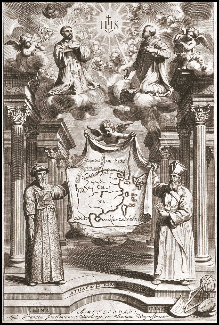 Adam Schall (esquerda) e Matteo Ricci (direita) em traje chinês mandarim, frontispício da "China" de Athanase Kircher (ou Athanasius Kircheri) de Athanasius Kircher