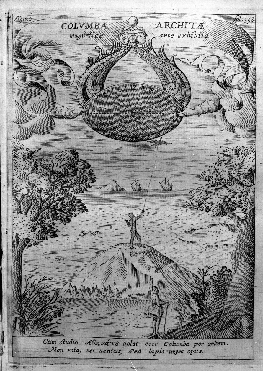 Archytas de Taranto (435-347 a.C.) voa uma pomba de madeira. Gravura de "Mundus Subterraneus" de Athanasius Kircher (1601-1680), jesuíta, orientalista e estudioso. de Athanasius Kircher