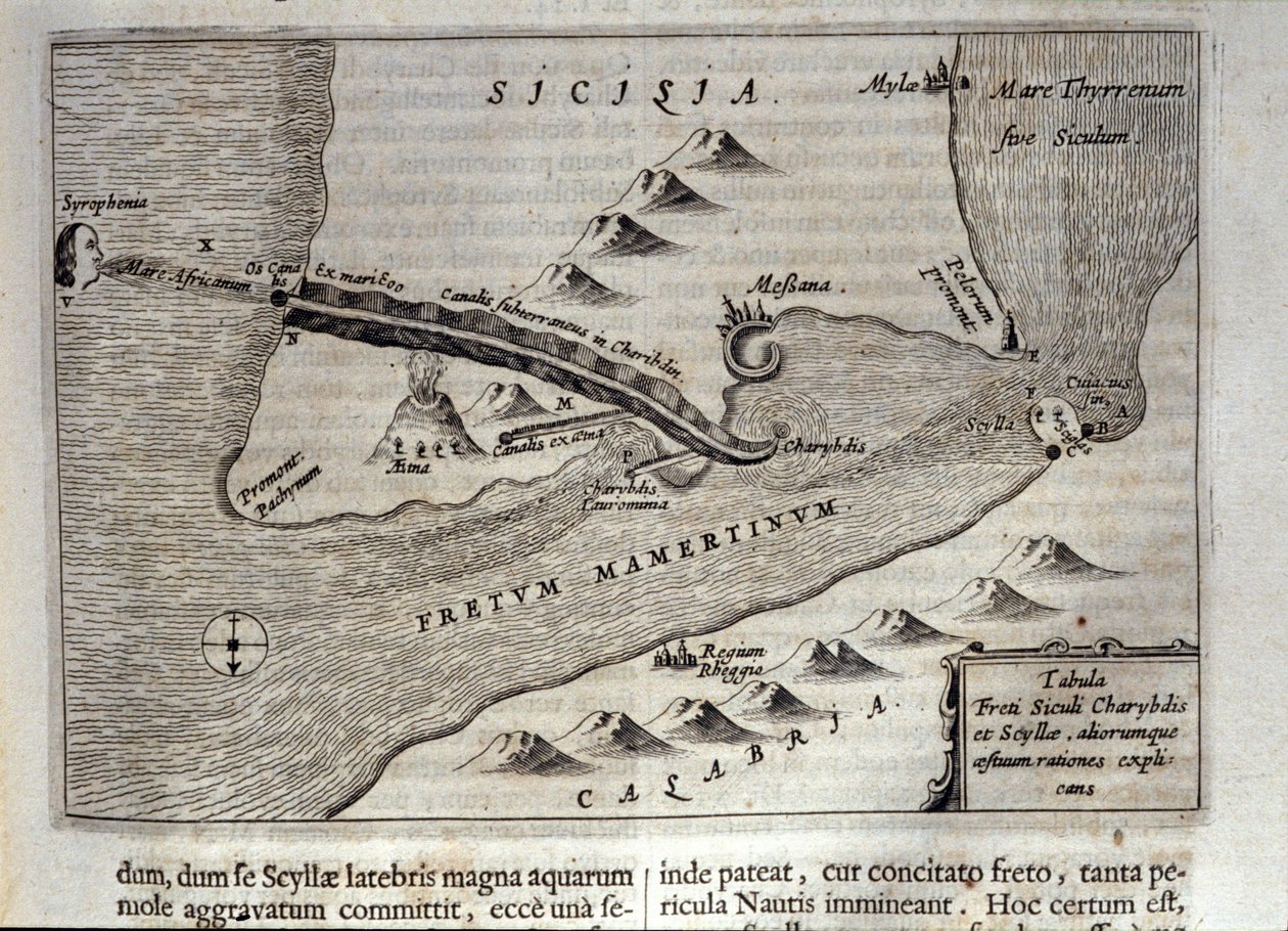 Representação cartográfica de Charybde" e "Scylla" em Detroit de Messina, Sicília" Gravura de "Mundus Subterraneus" de Athanasius Kircher (1601-1680), Jesuite, Orientalista e estudioso 1682 de Athanasius Kircher