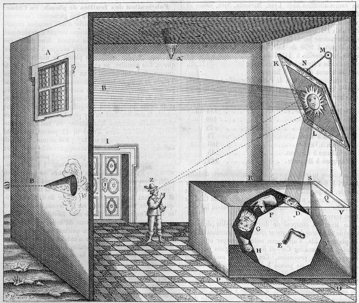 A Máquina Catóptrica do Padre Kircher - Máquina pela qual um homem olhando para um espelho plano vê a cara de um burro, um boi ou qualquer outro animal - In "Ars Magna Lucis Et Umbrae" de Athanasius Kircher de Athanasius Kircher