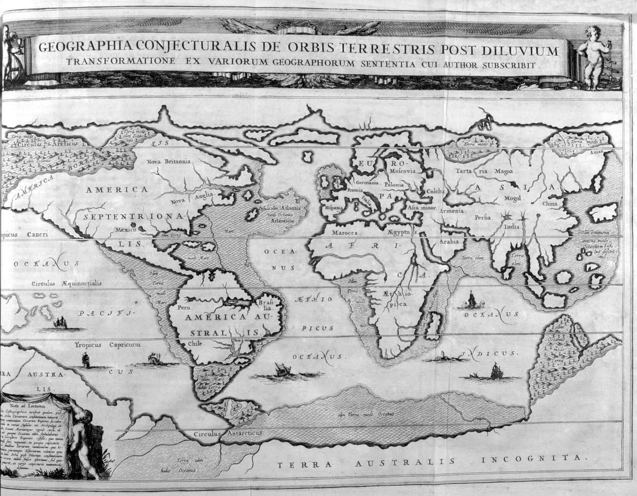 Carta geográfica do mundo após o dilúvio, 1675 de Athanasius Kircher