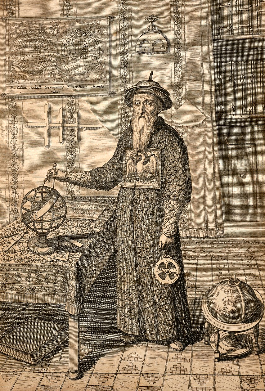 Jesuíta Johann Adam Schall von Bell (1591-1666), predecessor de Ferdinand Verbiest, astrônomo da corte da Dinastia Ming em Nanjing, vestindo o traje de mandarim, da China monumentis de Athanasius Kircher