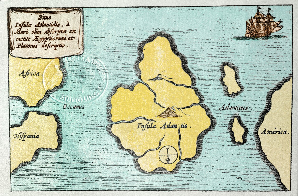 Mapa da lendária ilha da Atlântida - do Mundus Subterraneus de Athanase Kircher (ou Athanasius Kircheri) de Athanasius Kircher