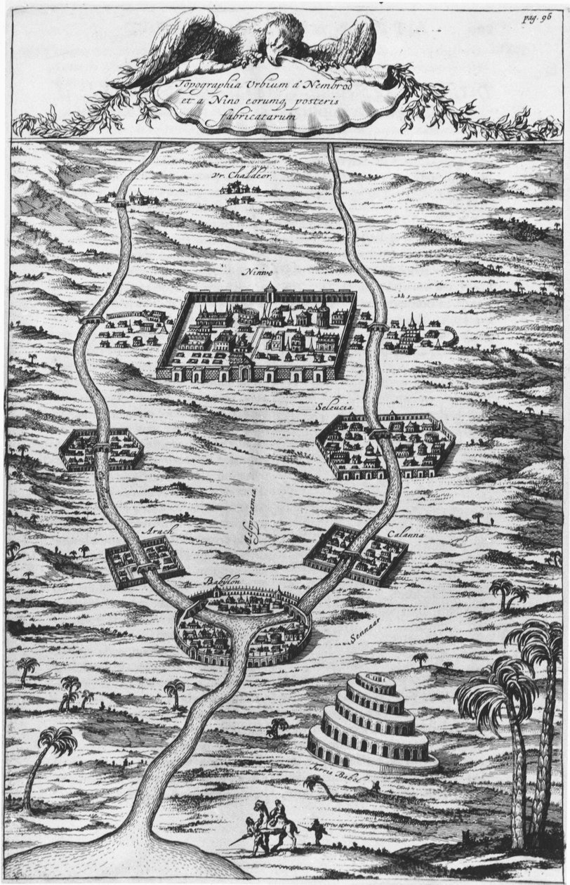Mesopotâmia, o Tigre e o Eufrates - em "Tirris Babel", por Athanasie Kirecheri S.J., Amsterdam de Athanasius Kircher