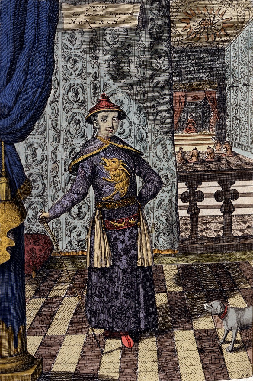 O Imperador chinês e Governante Supremo dos Tártaros - Imperador chinês Kangxi (1652-1722) Dinastia Qing, gravura de Athanasius Kircher (1601-1680) de "China Monumentis, qua sacris qua profanis" 1667 - Imperador chinês Kangxi (1652-1722) Dinastia Qing, de Athanasius Kircher