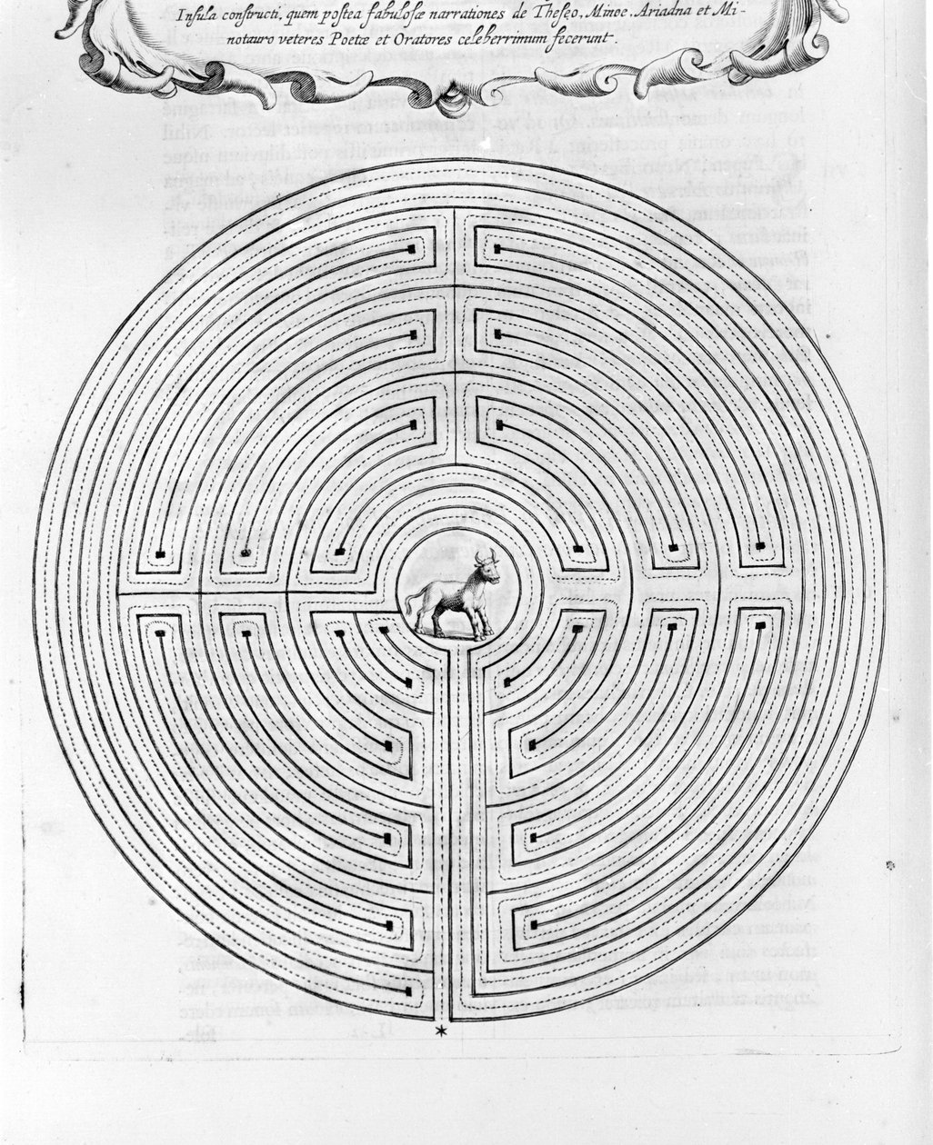O labirinto de Cnossos desenhado por Dedale - No centro está o minotauro - "Turris Babel" de Athanase Kircher - Amsterdão de Athanasius Kircher