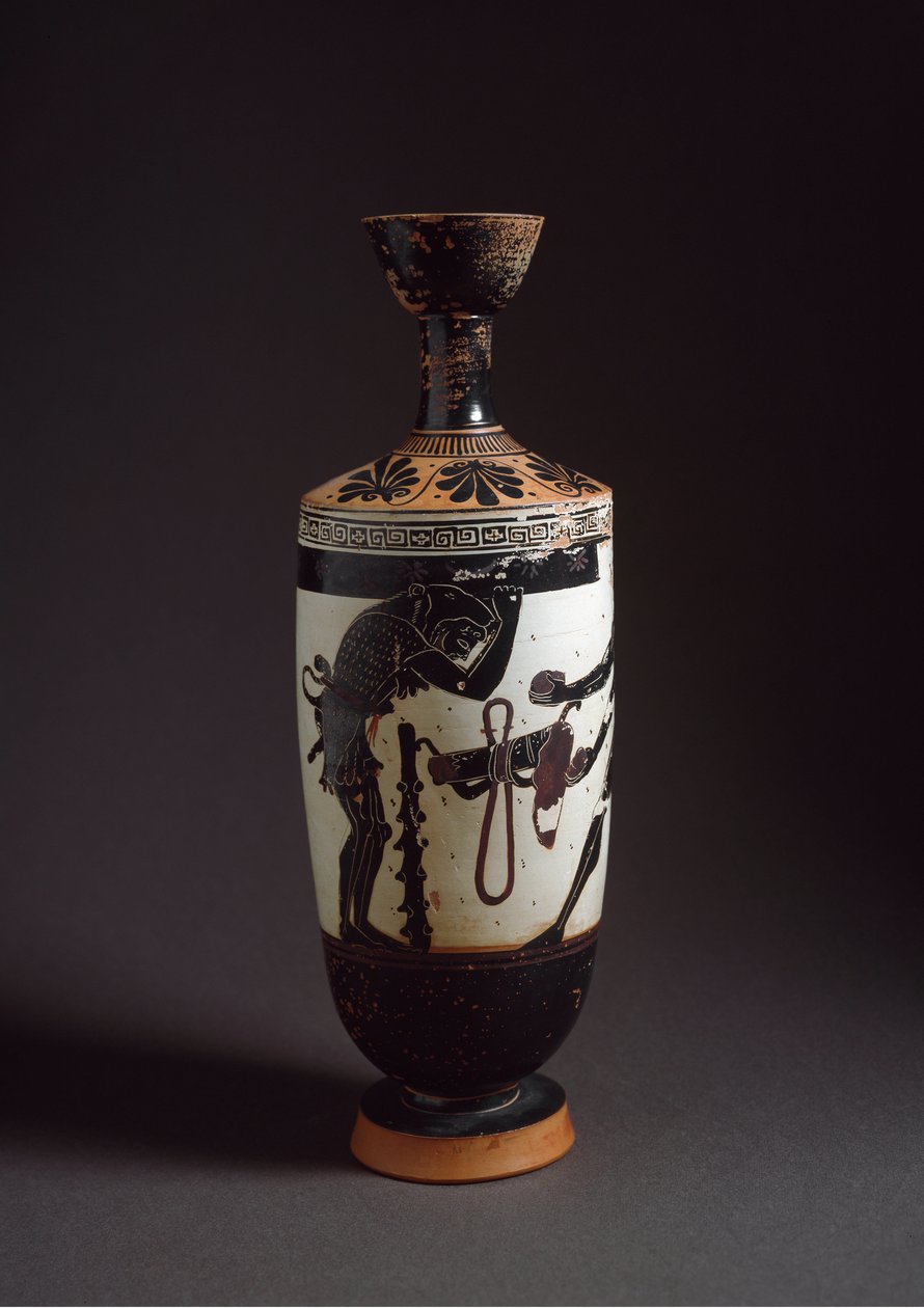 Arte grega: "Heracles and Atlas" Detalhe de Heracles (Hércules) Lekythos (lecyth) branco realizado pelo pintor de Athena (450-400 AC). Atenienses, Museu Nacional de Arqueologia de Athena Painter (workshop of)