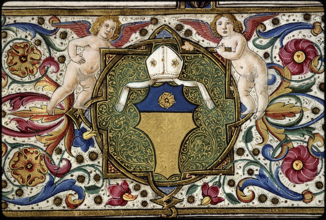 Missal de Thomas James: pormenor das armas do comissário, "Or, on a chief azure a rose Or". de Attavante degli Attavanti