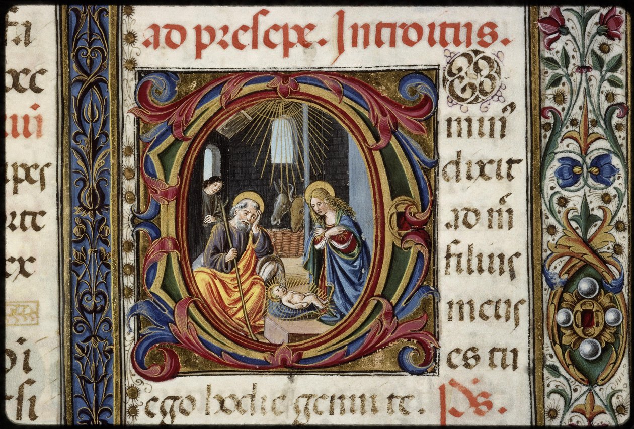 Missal de Thomas James: pormenor de uma letra D: a Natividade. de Attavante degli Attavanti