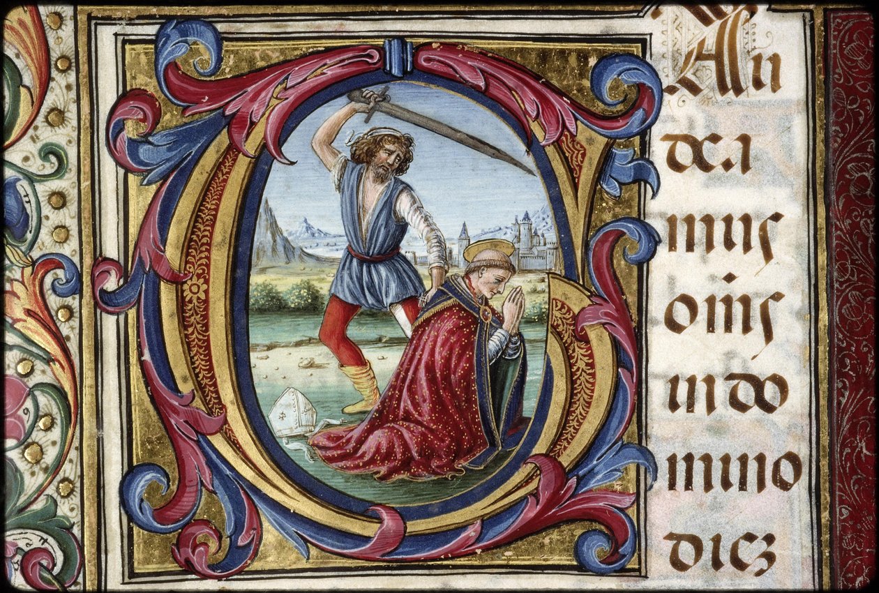 Missal de Thomas James: pormenor de uma letra G: o martírio de São Tomás Becket. de Attavante degli Attavanti