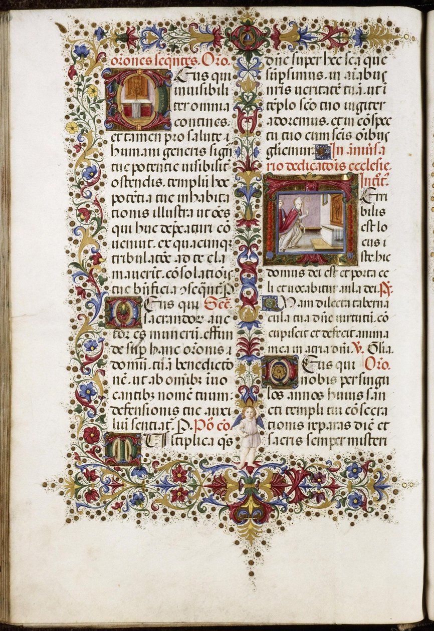 Missal de Thomas James: página com duas iniciais: um altar e a dedicação de uma igreja. de Attavante degli Attavanti