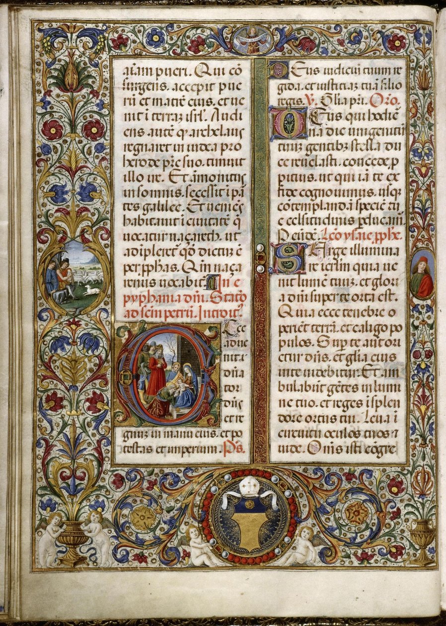 Missal de Thomas James: página com uma inscrição: a Adoração dos Magos e um medalhão na margem: os pastores na Anunciação. de Attavante degli Attavanti