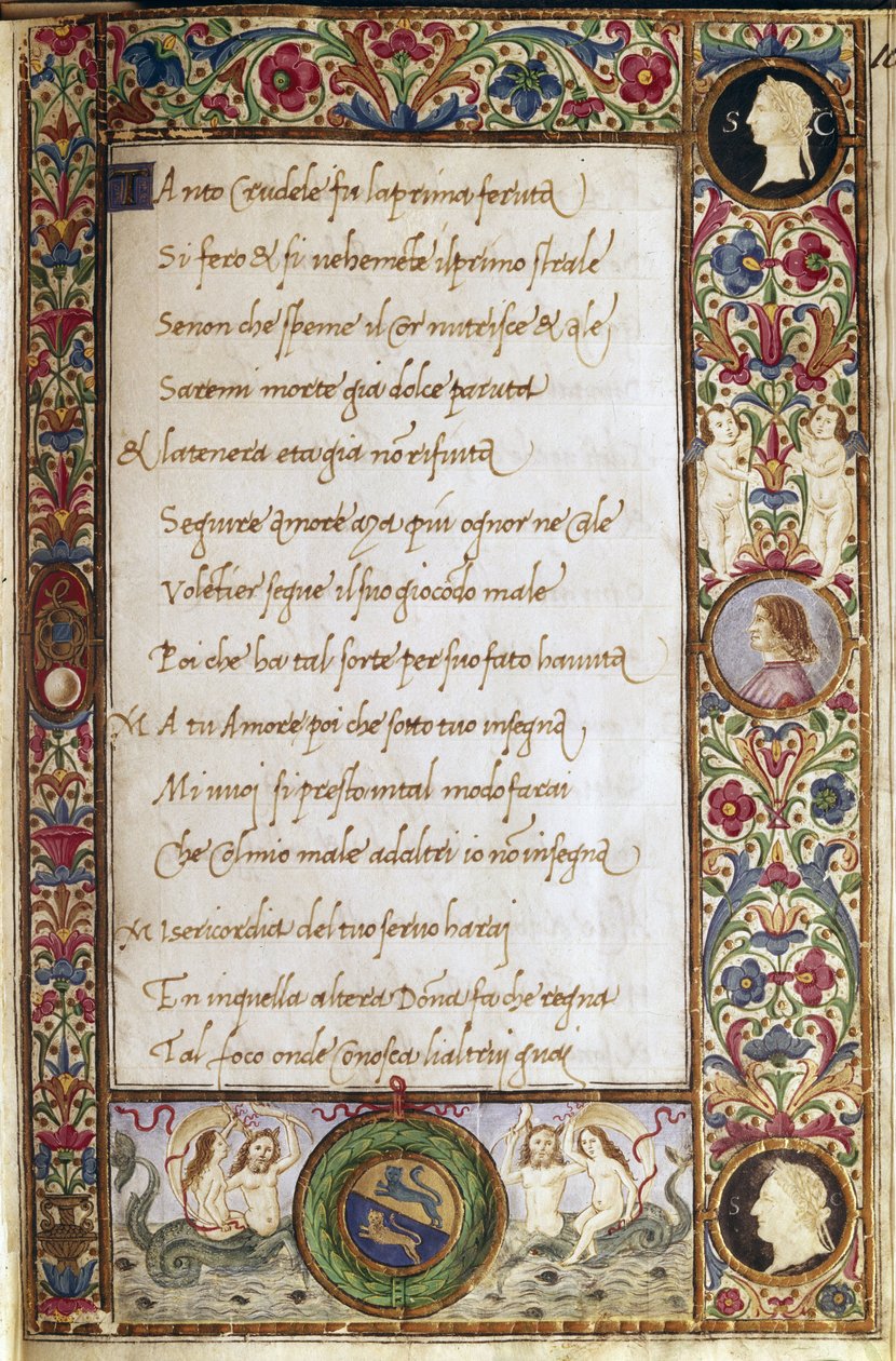 Página do manuscrito "Il canzoniere" de Francesco Petrarca (Petrarca) (1304-1374) iluminado por Attavante dei Attavanti (1452-1525) (ms. cl.VIII.684) Século XV Dim. 19 x 12,7 cm Florença, Biblioteca Nacional de Attavante di Gabriello di Vanti di Bartolo