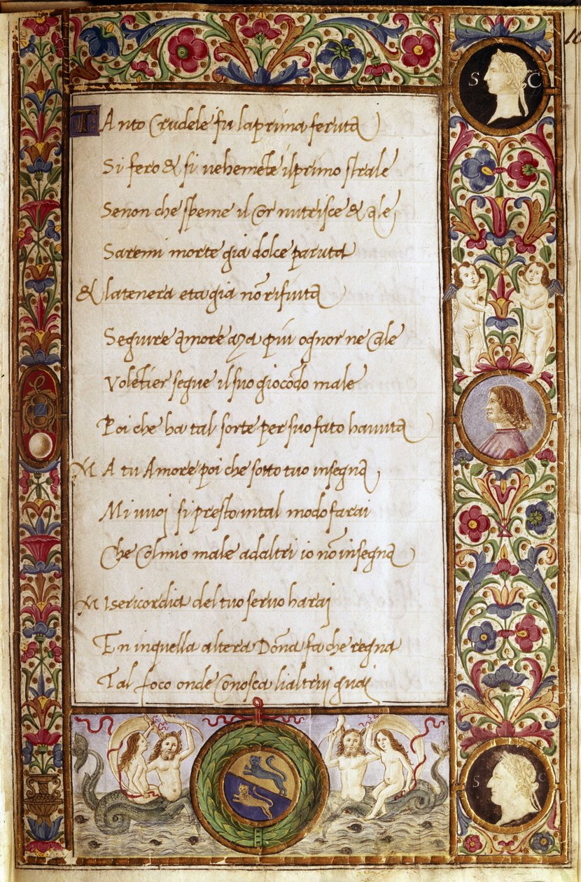 Página do manuscrito de "Il Canzoniere" de Francesco Petrarca (1304-1374). Miniatura de Attavante degli Attavanti (1452-1525), Biblioteca Nacional, Florença de Attavante di Gabriello di Vanti di Bartolo