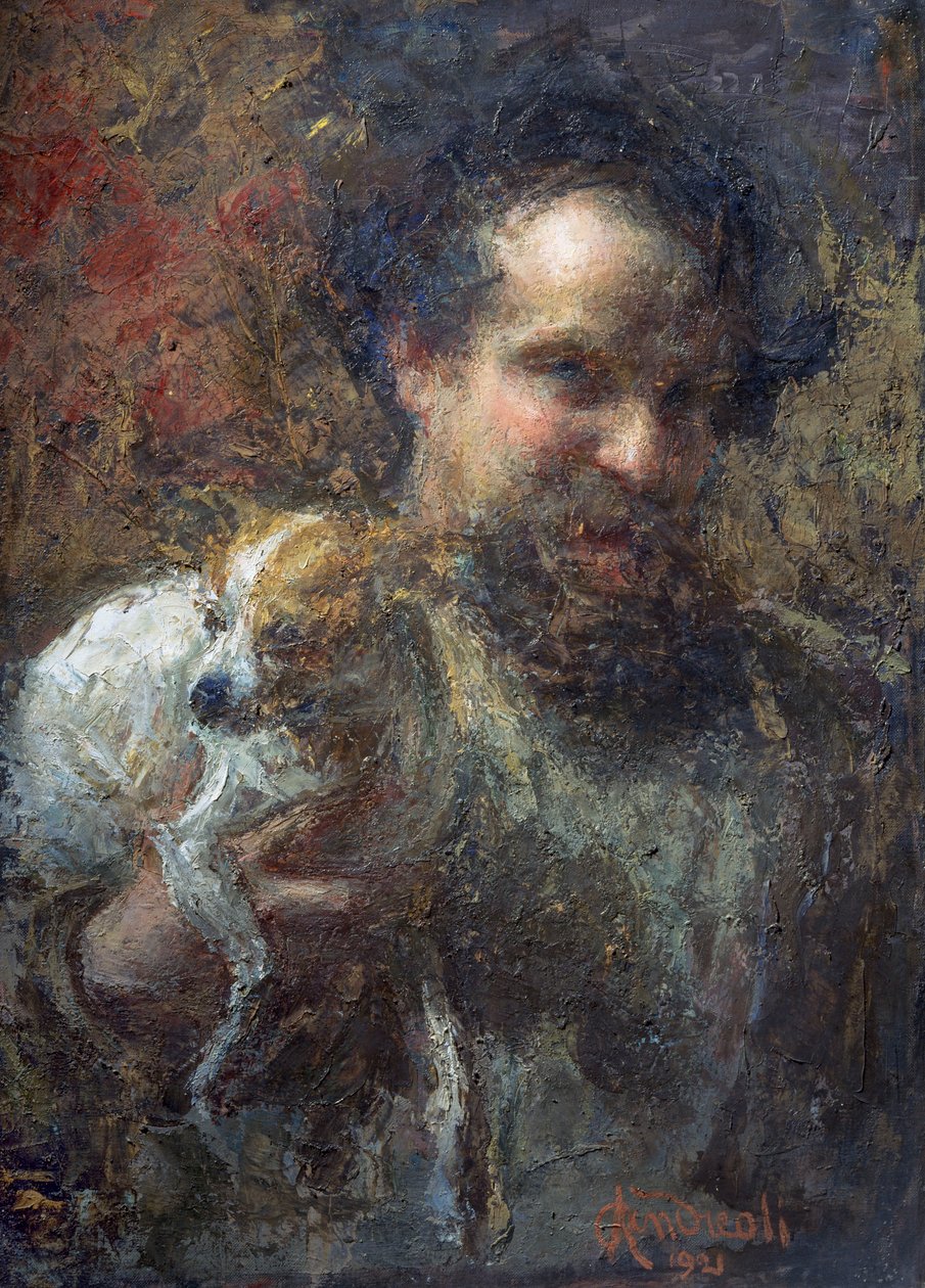 Autorretrato de Attilio Andreoli com cachorro (óleo sobre tela) de Attilio Andreoli