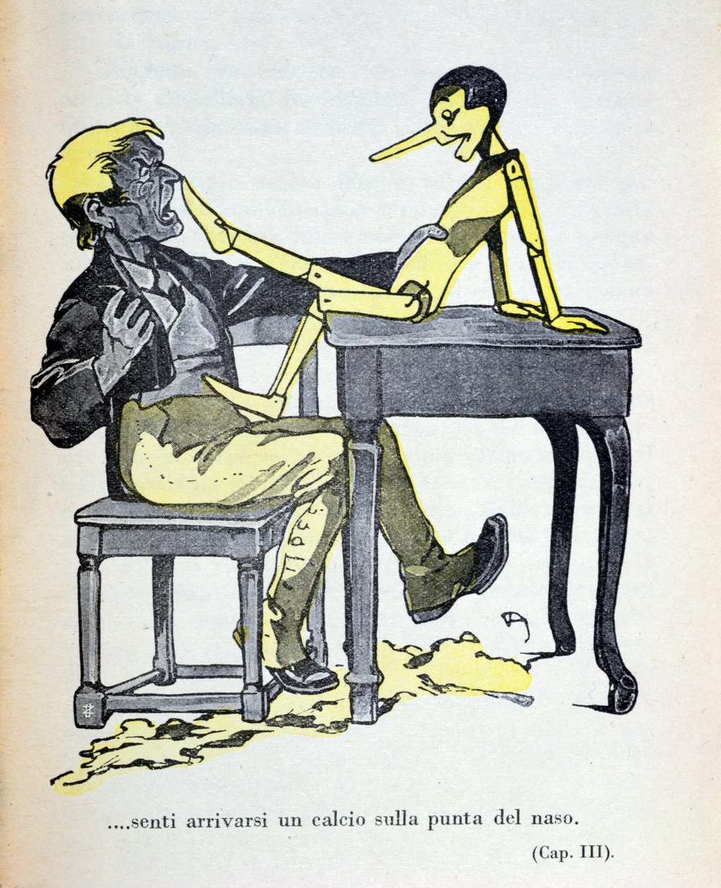 "Gepetto sentiu um pontapé na ponta do nariz", ilustração de "Pinóquio" de Carlo Collodi (1826-90) publicada pela Bemporad em 1935 (gravura a cores) de Attilio Mussino