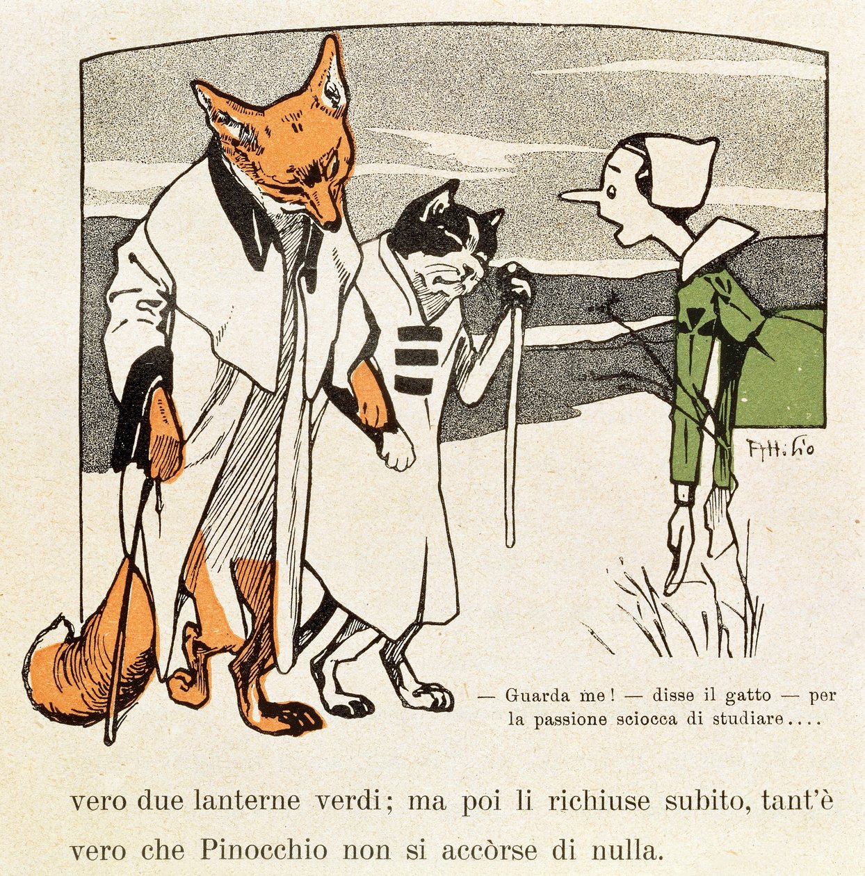 Pinóquio encontra o Gato e a Raposa de Attilio Mussino
